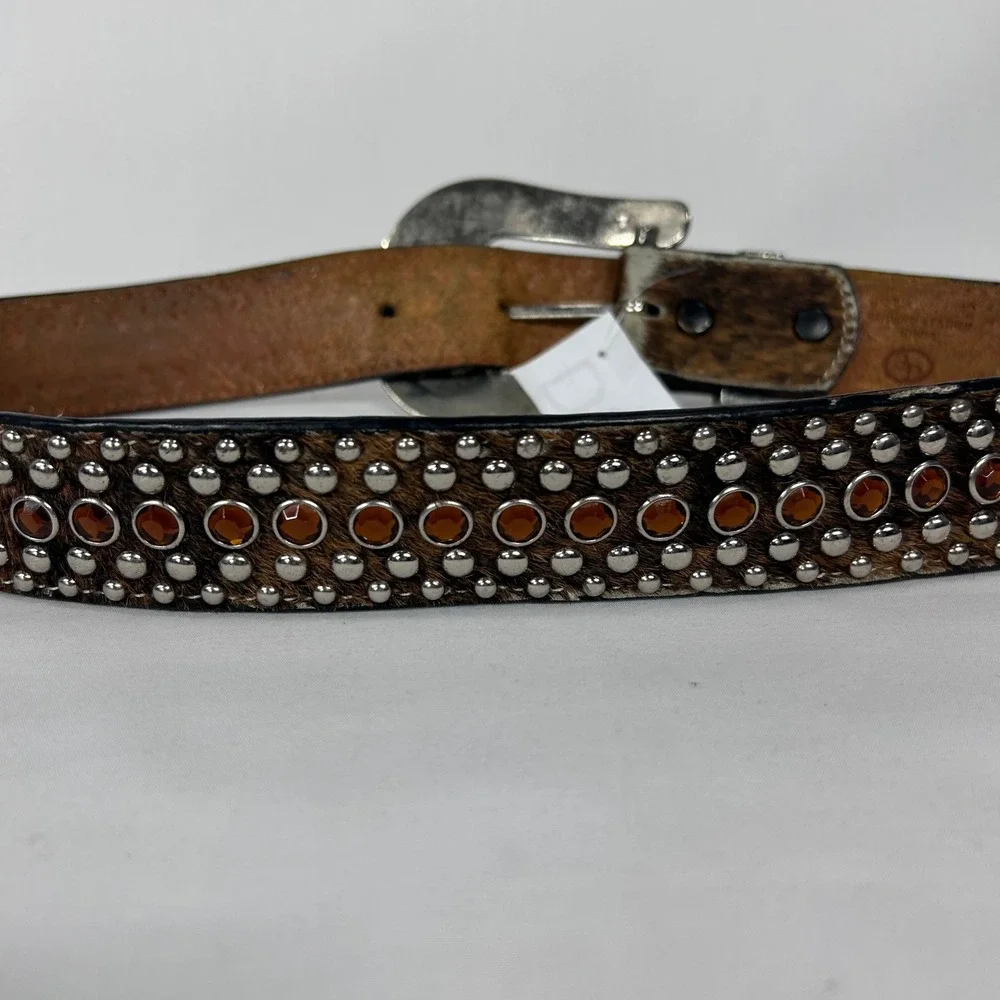 Western Brown Calf Hair Rhinestone Studded Belt – Silver Ornate Buckle (Size 32)